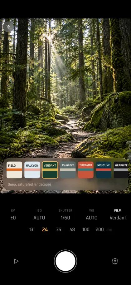 Field camera screen with the film picker open and the Verdant film selected over a forest scene