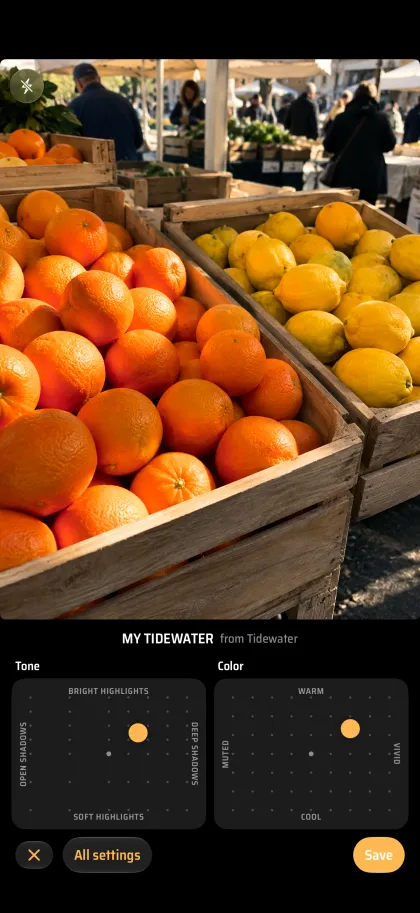 Field recipe editor with tone and color pads over a market scene with oranges and lemons